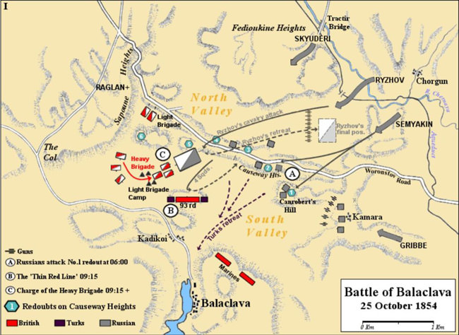 A map of the Battle of Balaclava, 25th October 1854, courtesy of Rebel Redcoat on Wikipedia.