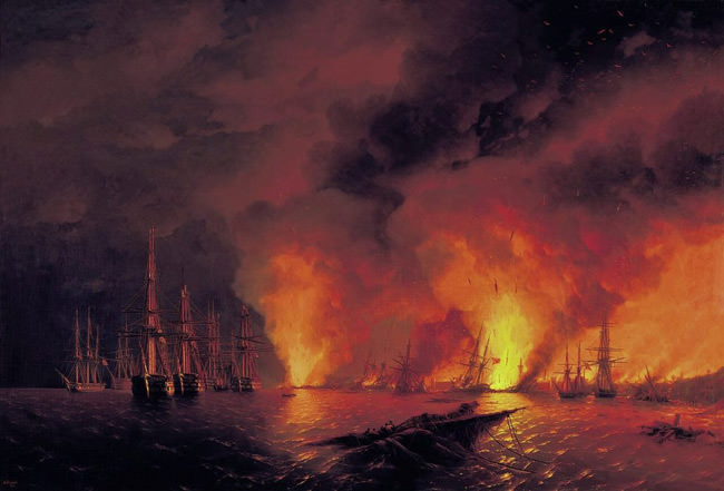 A painting of the Russian destruction of the Ottoman fleet at the Battle of Sinop on 30 November 1853, by Ivan Aivazovsky, court