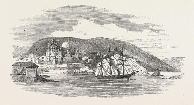 HMS Miranda bombarding the town of Kola on August 24th 1854, printed in the London Illustrated News on 7th October 1854, courtes